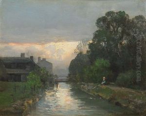 Angler Am Fluss Bei Sonnenuntergang by Anders Andersen-Lundby