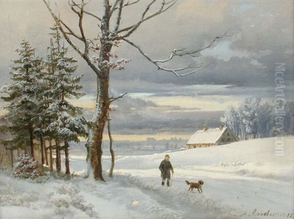 Spazierganger Mit Jagdhund In Verschneiter Landschaft - view 1