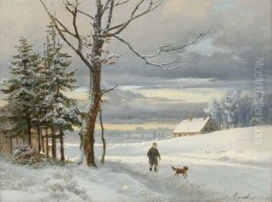 Spazierganger Mit Jagdhund In Verschneiter Landschaft Spazierganger Mit Jagdhund In Verschneiter Landschaft