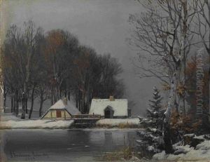 Winterlandschaft Mit Hausern Am Wehr by Anders Andersen-Lundby