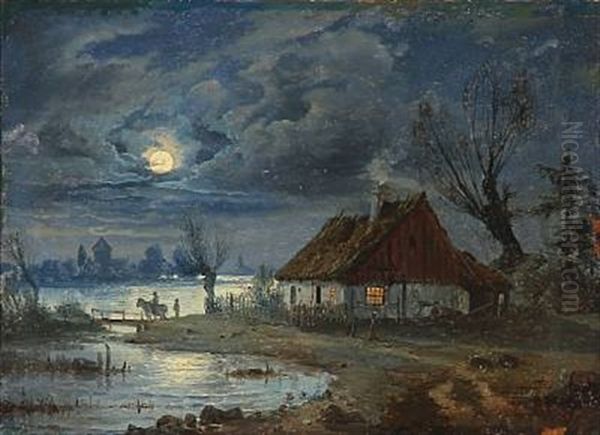Evening Landscape With A House In Moonlight - view 1