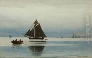 Seascape With Sailing Ships And Persons In A Rowing Boat by Anders Andersen-Lundby