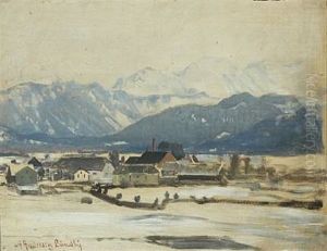 Wintry Landscape Near Munich, In The Background Mountains