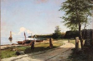 Danish Coastal Scene From Northern Zealand With Fishermen On The Beach by Anders Andersen-Lundby