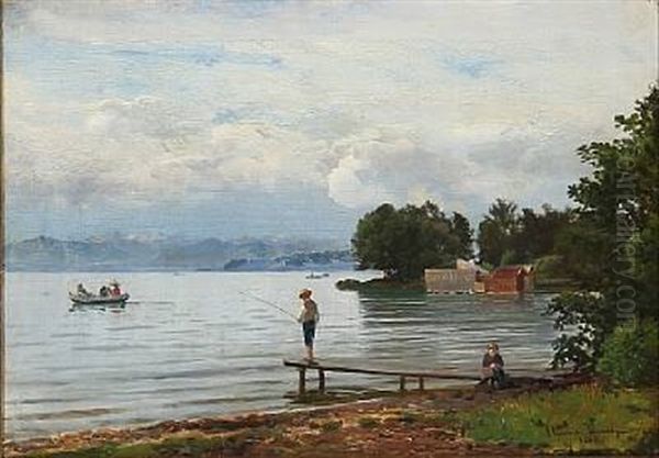 View From A Mountain Lake With A Boy Fishing - view 1