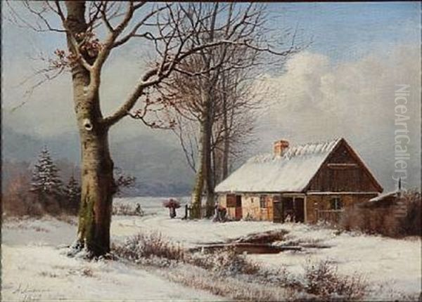 Winter Landscape With A Man And Woman Collecting Firewood At A Thatched House - view 1