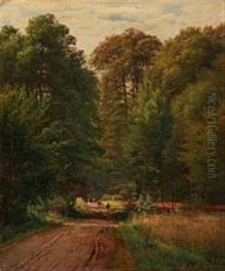 A Shepherd With Cows On A Road Through The Forest by Anders Andersen-Lundby