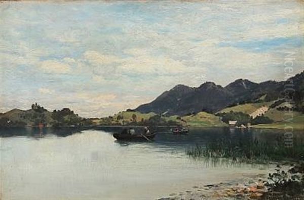 Summer Day At A Lake With People In Rowing Boats - view 1