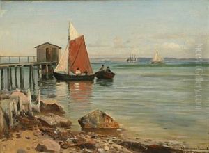 Coastal Scenery With Boys In A Boat Near A Pier