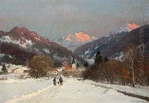 Winterliches Dorf In Den Bergen by Anders Andersen-Lundby
