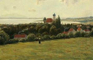 A South German Landscape With Church And A Larger Lake by Anders Andersen-Lundby