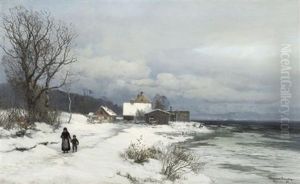 Seelandschaft Im Winter Mit Zwei Personen by Anders Andersen-Lundby