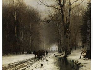 Pferdefuhrwerk In Verschneitem Wald by Anders Andersen-Lundby