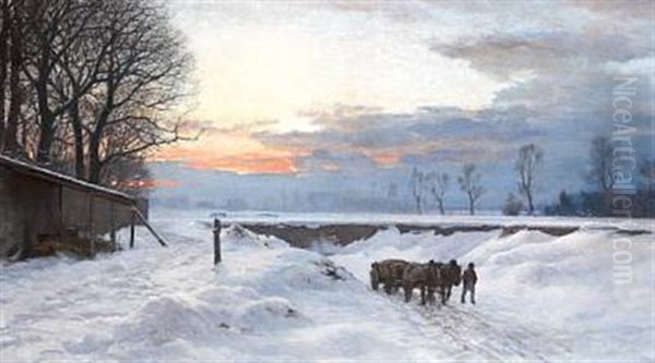 A Carriage On A Path In A Winter Landscape - The Sun Is Setting - view 1