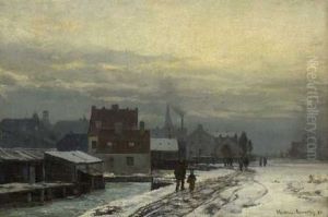 Spazierganger Am Winterlichen Stadtbach