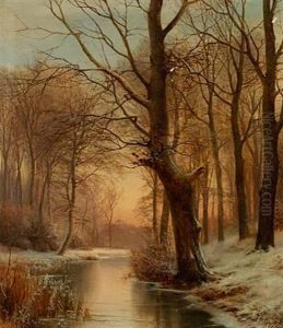 Late Afternoon In A Forest With A Frozen Brook