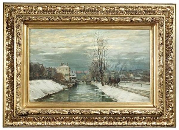Winterlicher Kanal In Einer Stadt Mit Spaziergangern Und Pferdefuhrwerk Wahrend Der Abenddammerung - view 1