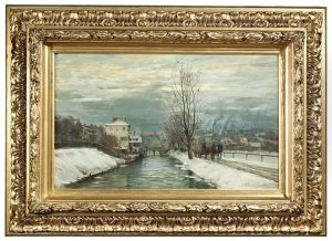 Winterlicher Kanal In Einer Stadt Mit Spaziergangern Und Pferdefuhrwerk Wahrend Der Abenddammerung