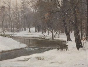 Deer By A Stream In Winter by Anders Andersen-Lundby