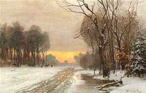 Vinterdag Udenfor Munchen Med Hjorte I Solnedgangens Skaer by Anders Andersen-Lundby