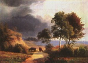 Kuhe Neben Hirten Vor See by Anders Andersen-Lundby