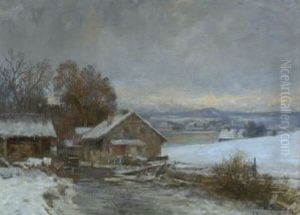 Muhle Am Bach In Winterlicher Vorgebirgslandschaft by Anders Andersen-Lundby
