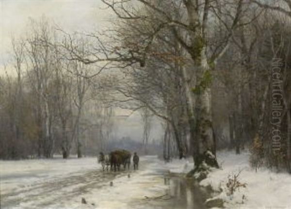 Bauer Mit Pferdefuhrwerk Im Winterlichen Birkenwald - view 1
