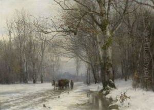 Bauer Mit Pferdefuhrwerk Im Winterlichen Birkenwald
