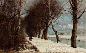 Vinterlandskab Med Spadserende Personer (bayern?) by Anders Andersen-Lundby