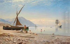 Fiskere Og Badende Born Pa En Italiensk Strand (napoli Eller Capri?)
