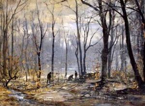 Herbstliche Parklandschaft Mit Holzarbeitern
