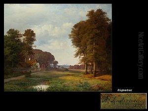 Ufer Mit Laubwald, Gehoft, Rehen Und Ausblick Auf Das Meer Mit Schiffen by Anders Andersen-Lundby