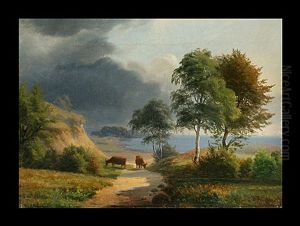 Kuhe Neben Hirten Vor See by Anders Andersen-Lundby