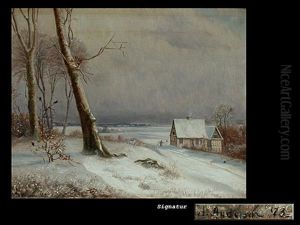 Tiefe Winterlandschaft Mit Amseln Und Gebauden by Anders Andersen-Lundby