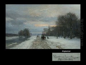 Holzfuhrwerk Und Jager Vor Der Stadtsilhouette Zwischen Fluss Und Wald by Anders Andersen-Lundby