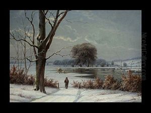 Spazierganger Vor Verschneiter Winterlandschaft Und See by Anders Andersen-Lundby