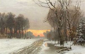 Hjorte I Et Vinterlandskab Ved Solnedgangstide by Anders Andersen-Lundby