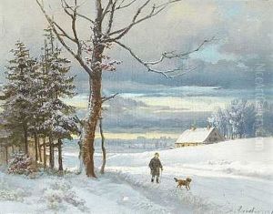 Vinterlandskab Med Mand Og Hund Pa En Sti by Anders Andersen-Lundby