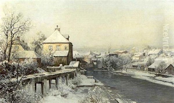Wintermorgen In Kleiner Stadt Am Fluss - view 1