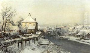 Wintermorgen In Kleiner Stadt Am Fluss by Anders Andersen-Lundby