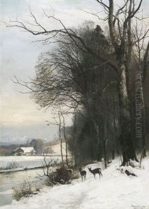 Rehe In Einem Verschneiten Tal In Den Voralpen by Anders Andersen-Lundby