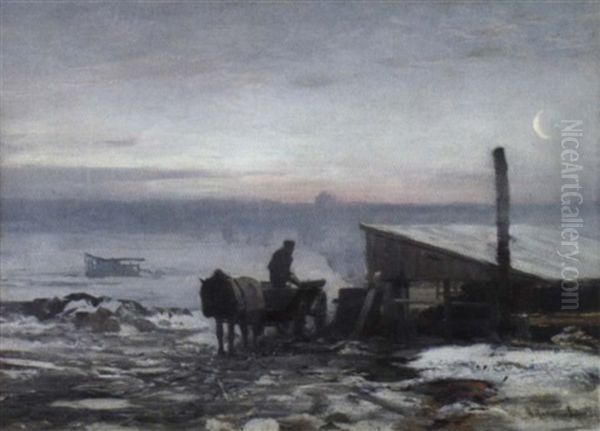 Bauerliches Pferdefuhrwerk In Winterlicher Landschaft Im Morgengrauen - view 1