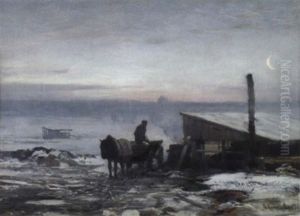 Bauerliches Pferdefuhrwerk In Winterlicher Landschaft Im Morgengrauen by Anders Andersen-Lundby