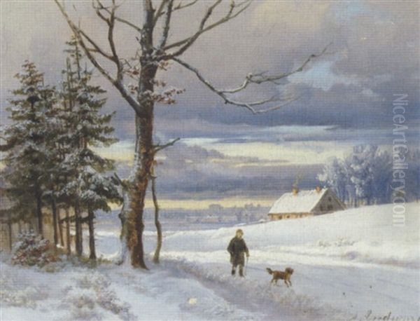 Vinterlandskab Med Spadserende Herre Og Hund - view 1