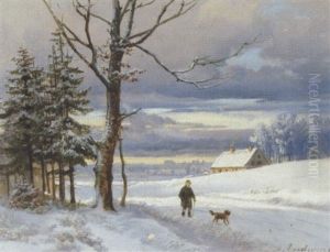 Vinterlandskab Med Spadserende Herre Og Hund by Anders Andersen-Lundby