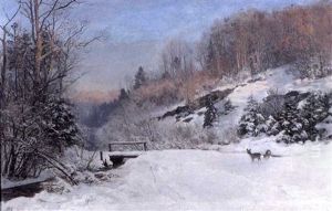Winterliche Landschaft Im Licht Der Spaten Nachmittagssonne Mit Zwei Rehen An Einem Bachlauf by Anders Andersen-Lundby