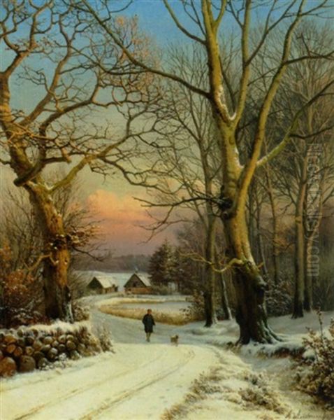 Vinterdag I Skoven, Nordsjaelland. En Mand Lufter Hunden by Anders Andersen-Lundby