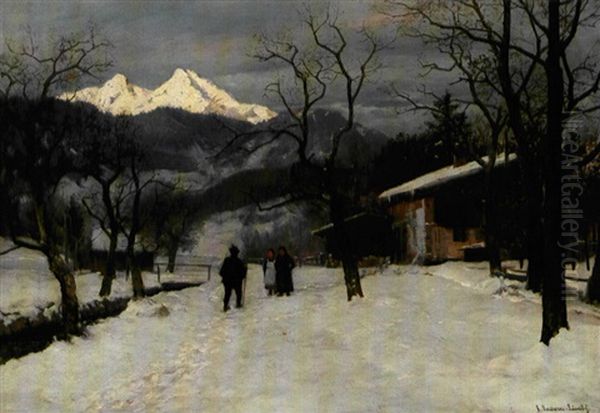 Vinterlandskab Med Personer Og Sneklaedte Bjerge (naer Munchen?) - view 1