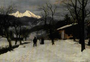 Vinterlandskab Med Personer Og Sneklaedte Bjerge (naer Munchen?) by Anders Andersen-Lundby