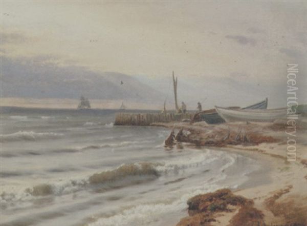 Stranden Ved Vedbaek Med Fiskere Og Fiskerbade, I Horisonten Sejlskibe I Oresund - view 1
